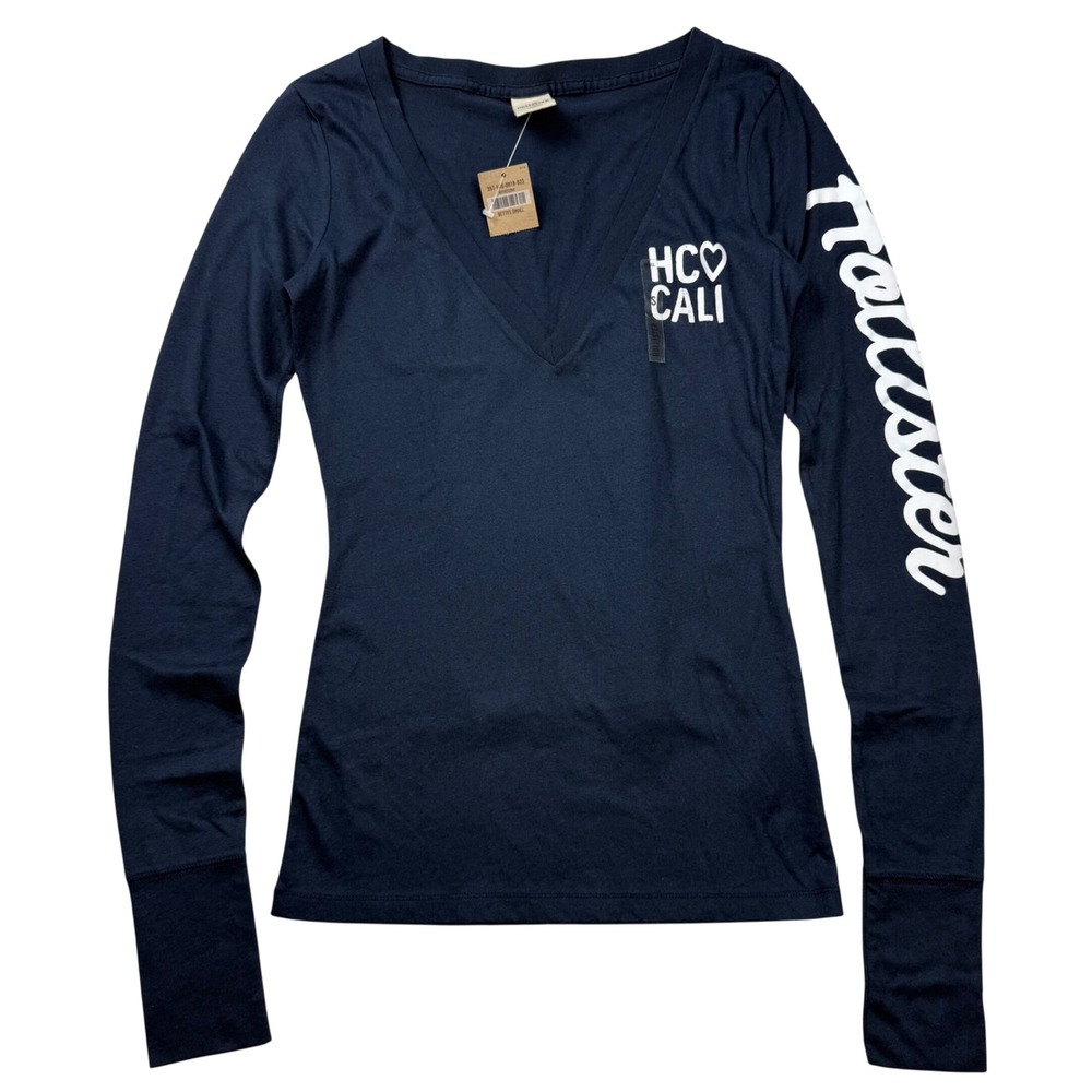 VTG Y2K DEADSTOCK Hollister Long Sleeve V-Neck Tee Navy Blue HCO Cali Small NWT